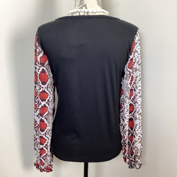 B Famous Women’s Black Red Cream Snake Skin Print Sheer Long Sleeves Blouse - Picture 3 of 5